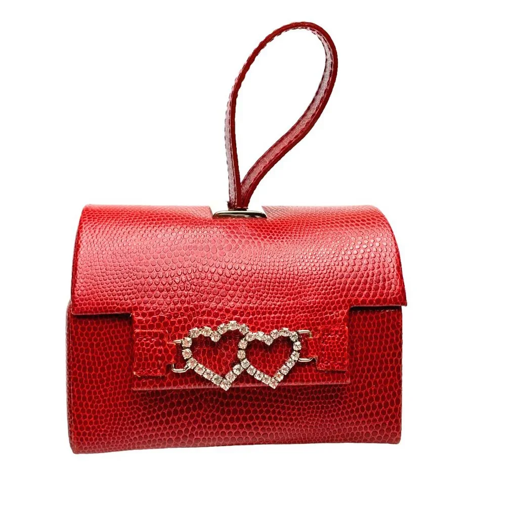 JEUN BANG  Embossed Faux Leather Rhinestone‎ Heart Accents Travel Jewelry Box